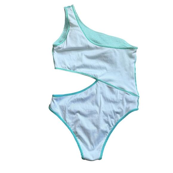 Colorblock Two Toned Blue One Shoulder Cut Out One Piece Swimsuit Size L - Picture 6 of 10